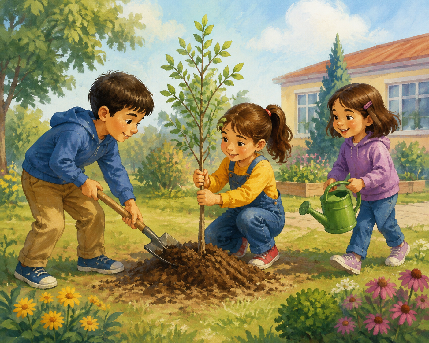 Üç çocuk birlikte fidan dikiyor; biri fidanı tutuyor, biri toprağı yerleştiriyor, diğeri su getiriyor.